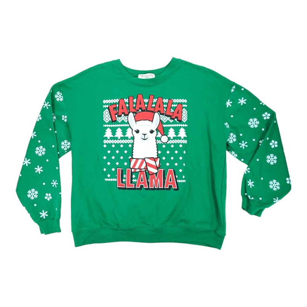 Wound up Sweatshirt Womens XXXL Holiday Christmas cotton Blend GREEN Llamas